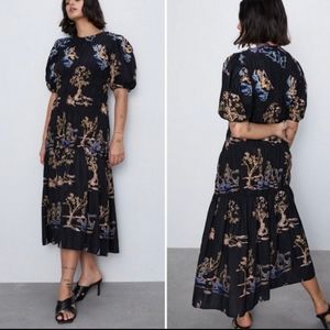ZARA embroidered puff sleeve midi dress small